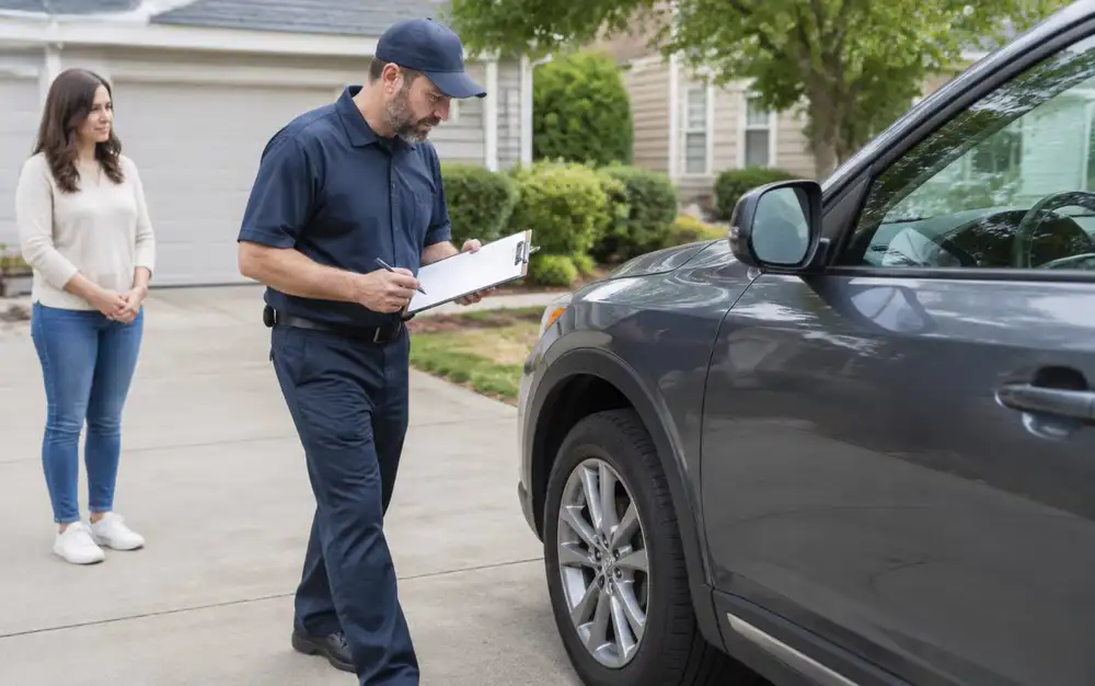 Driver completing a Bill of Lading inspection before door-to-door vehicle transport