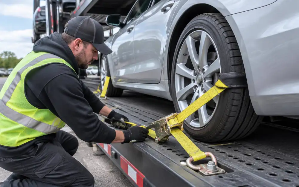 Driver securing a sedan with wheel straps during door-to-door car transport pickup