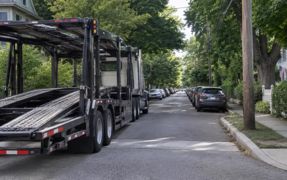 Car hauler stopped at the entrance of a narrow tree-lined residential street with low utility lines